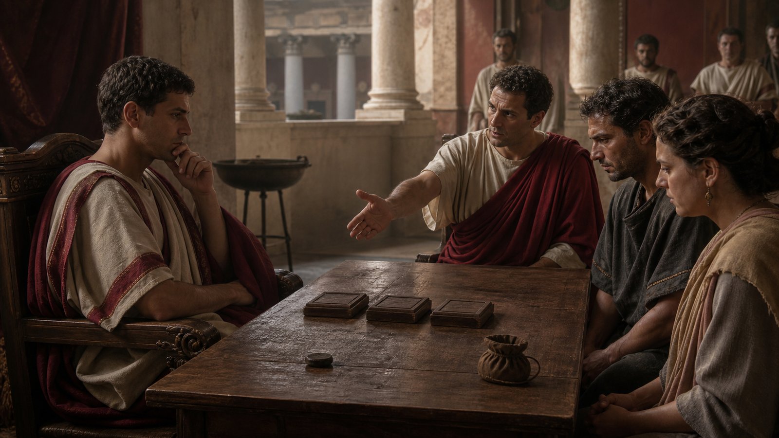 A young Roman private judge pauses over an undecided money claim while two litigants face him across a modest tribunal, with blank wax tablets and an unsealed account book between them.