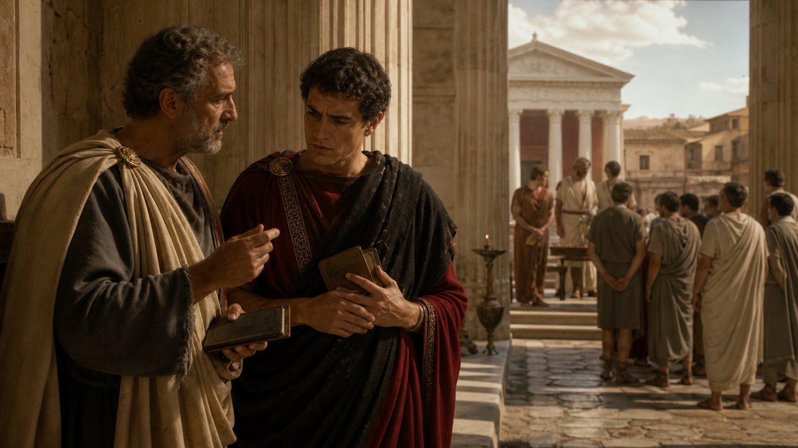 In a quiet colonnade, the philosopher Favorinus advises the young judge while the unresolved parties and their advocates wait in the sunlit forum beyond.