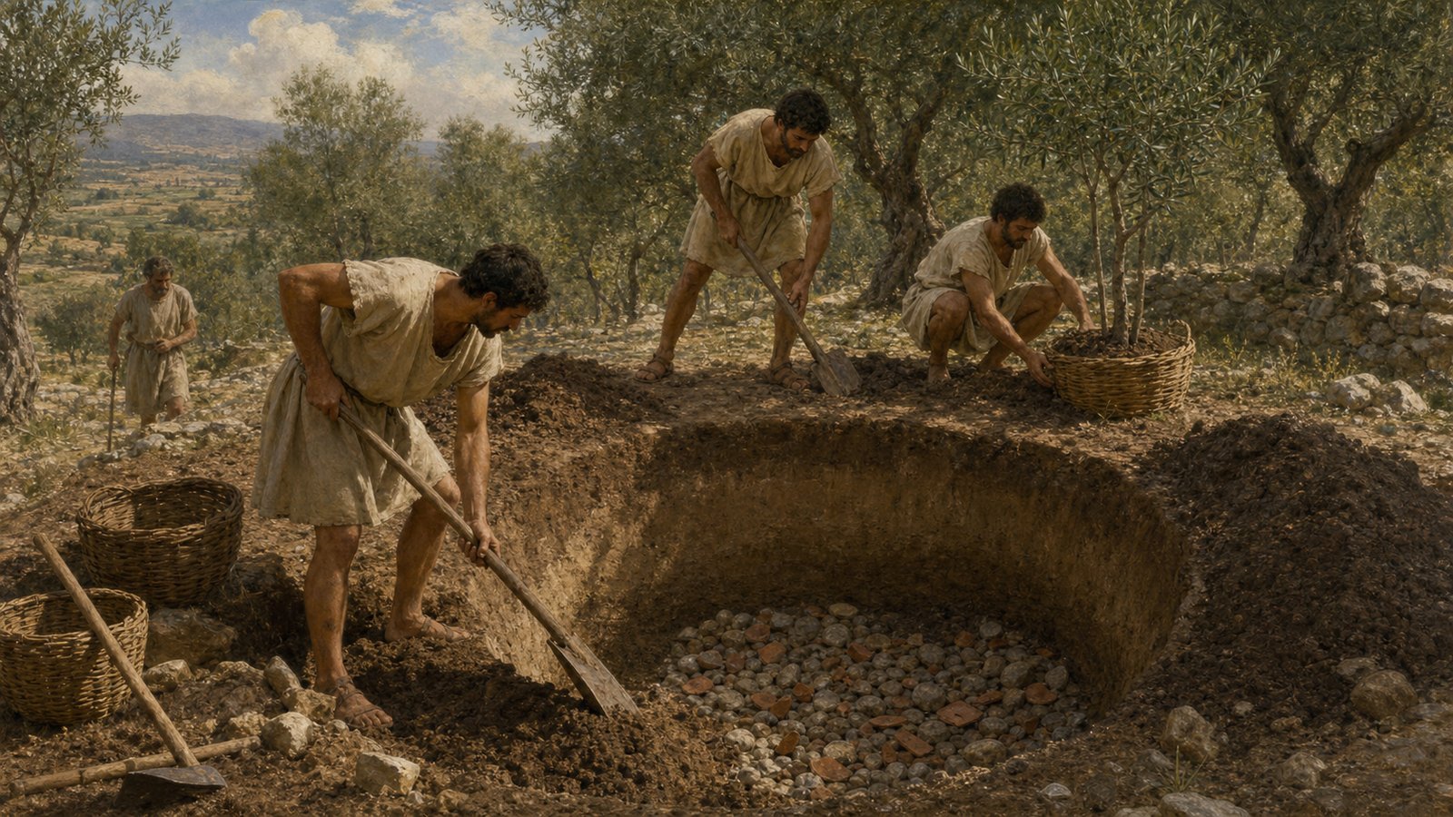 At an ancient Roman orchard edge, workers carry a young olive tree upright in a stout woven basket with its compact root ball wrapped in native earth while a prepared planting hole waits nearby; tools and surfaces are plain and historically plausible, with no writing.