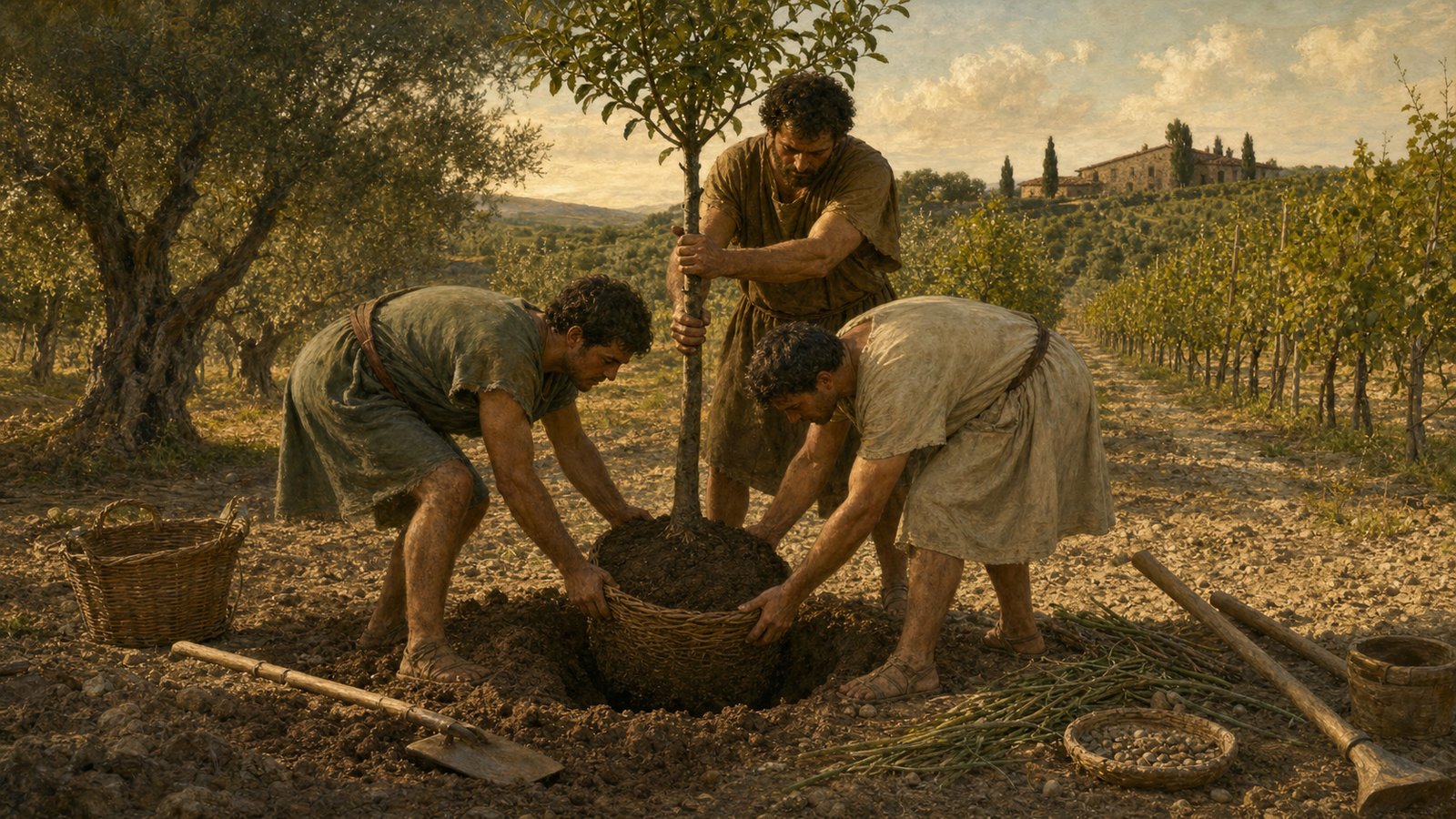 In a Roman farm orchard, workers lower a basket-carried young fruit tree into the exact centre of a broad prepared pit while loose soil, round pebbles and green willow twigs show the practical drainage layers; no inscriptions or modern equipment.