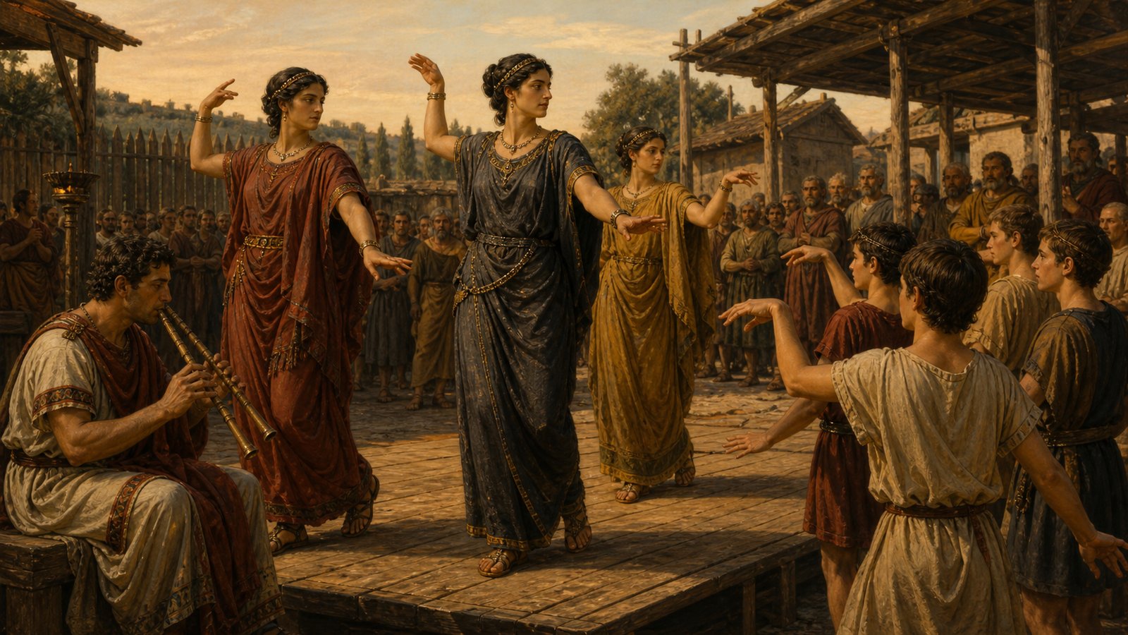 A vertical 4:5 cinematic realistic oil-painting of an early Roman stage performance: an exhausted adult playwright-actor in plain republican-era costume gestures dramatically in the foreground while a young male singer stands safely beside a seated double-pipe musician, a modest wooden stage and attentive crowd, emotionally clear division between voice and movement, no text, no letters, no logos, no watermark.