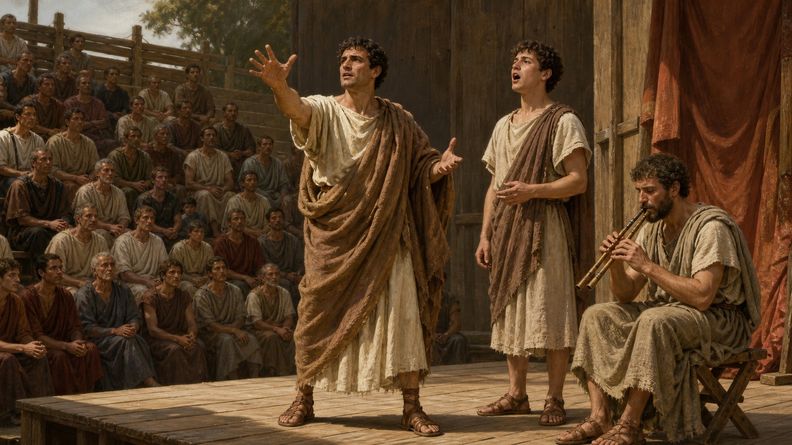 A wide 16:9 cinematic realistic oil-painting of the first Etruscan performers entering a republican Roman festival space during a solemn civic crisis: elegant dancers move in measured steps to a double-pipe musician, Roman youths watch and begin to imitate the gestures, temporary wooden setting, historically plausible clothing and instruments, no text, no signage, no logos, no watermark.