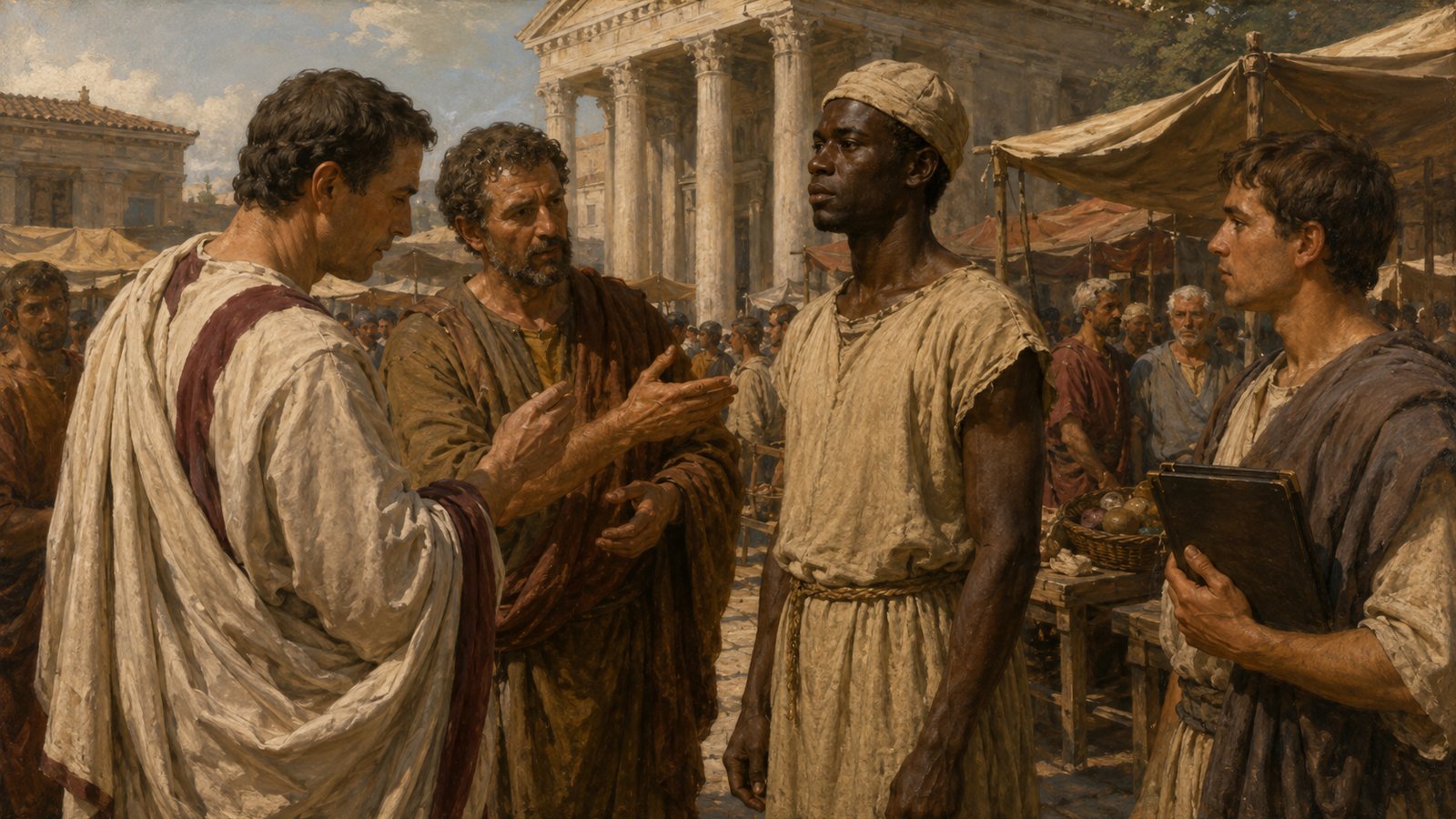 A vertical 4:5 cinematic realistic oil-painting of a sober Roman marketplace where an enslaved adult wearing a plain soft cap stands beside a seller and attentive buyer, the cap clearly visible as a legal warning rather than costume, humane restrained composition, blank boards and tablets, no text, letters, numerals, logos or watermark.