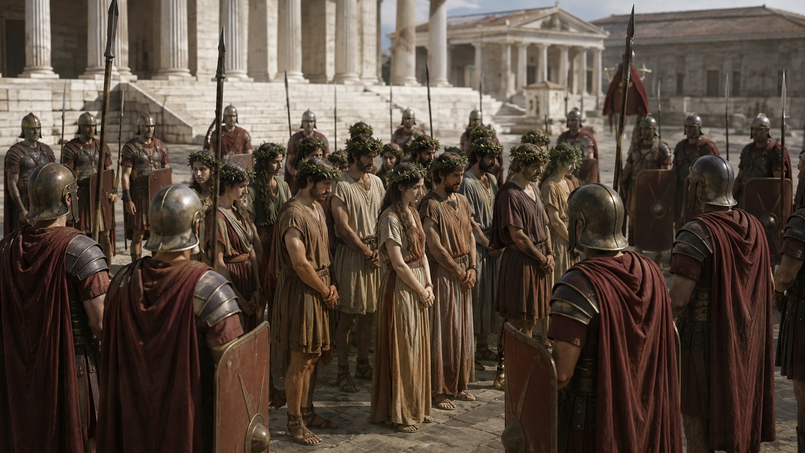 A wide 16:9 historically plausible Roman market transaction: a buyer pauses after noticing the plain cap worn by an enslaved adult while a clerk holds a closed blank wax tablet and the seller gestures openly, architecture and crowd suggest a regulated sale, no humiliation, readable writing, text, logos or watermark.