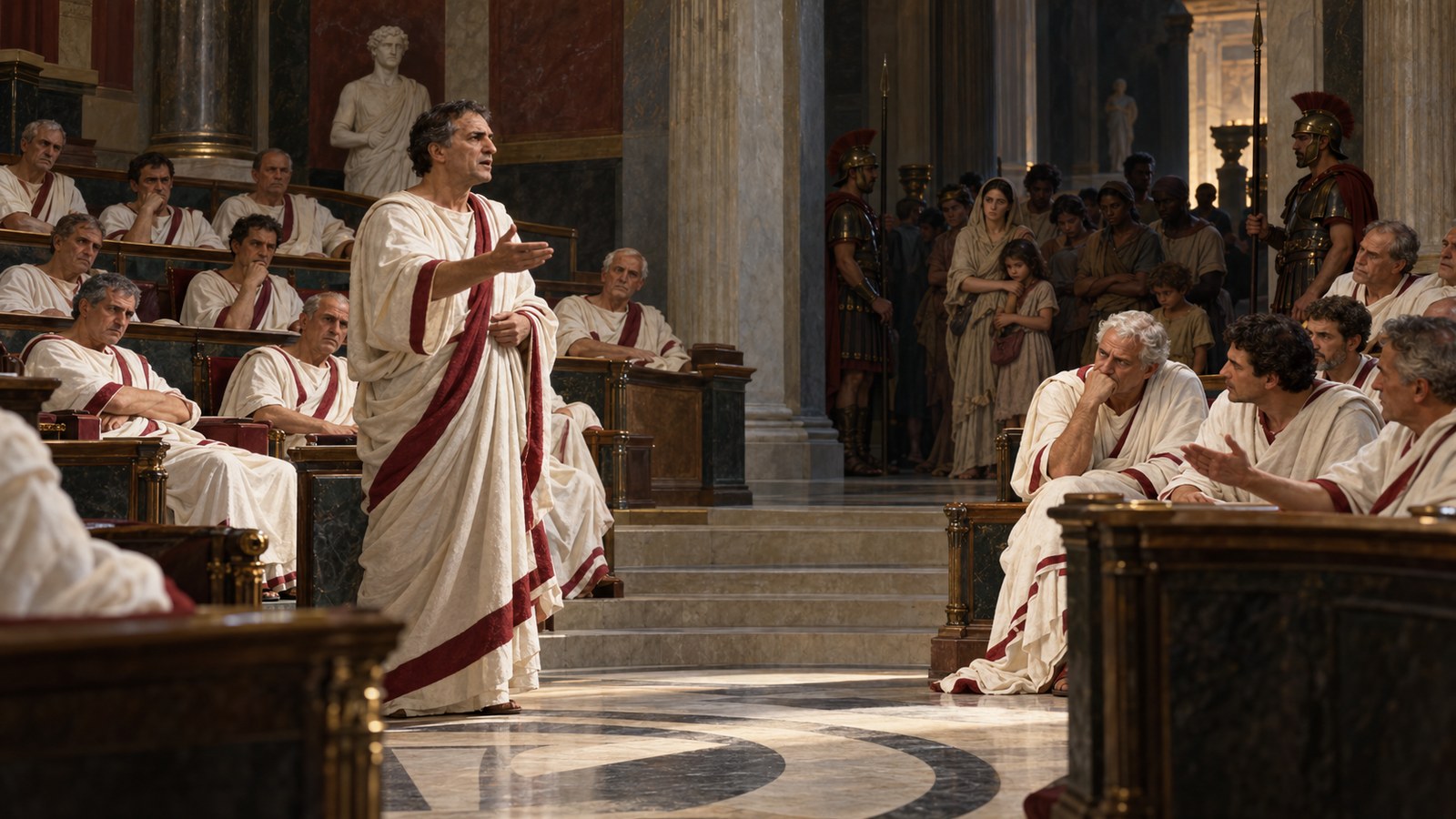 Cassius defended collective punishment as protection for slave-owning households; voices in the chamber answered with pity for the number, age, sex, and innocence of those condemned.