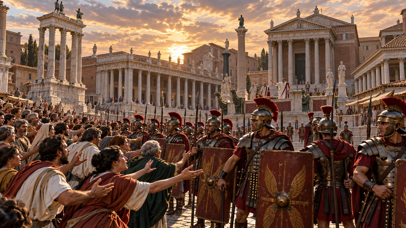 After the crowd threatened stones and firebrands, Nero placed soldiers along the route used to march the household to punishment.