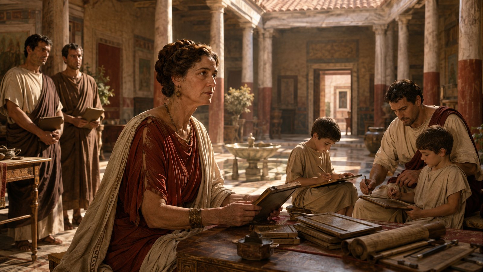 A vertical 4:5 cinematic realistic oil-painting of Cornelia, mother of the Gracchi, seated in a dignified late Republican Roman household with two school-age sons beside wax tablets and scrolls, while a royal envoy presents a small plain diadem that she calmly declines, historically plausible domestic architecture and clothing, no readable text, letters, numerals, logos, signatures or watermark.