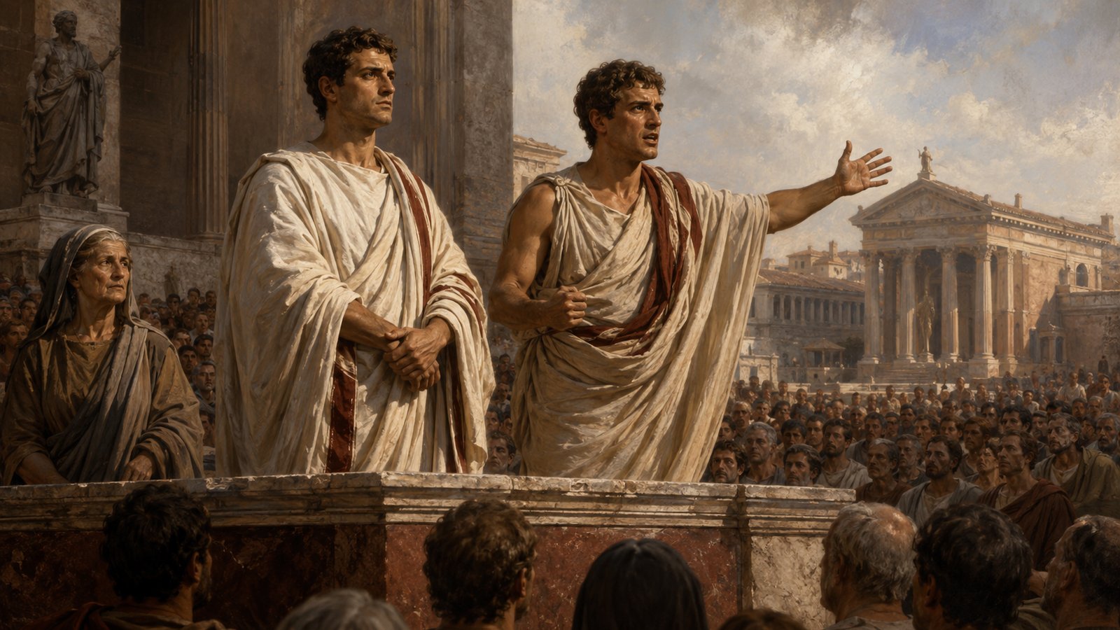 A wide 16:9 cinematic realistic oil-painting of a widowed Roman matron managing an estate and household school, Cornelia reviewing blank wax tablets as tutors work with two boys and stewards wait with unmarked accounts, warm atrium light, historically plausible late Republican setting, no readable text, letters, numerals, logos, signatures or watermark.