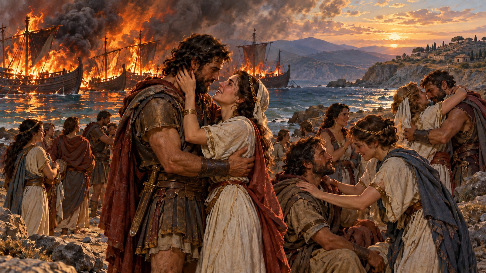 Plutarch reports a story in which Trojan women burned the ships and used embraces to calm their returning kinsmen.