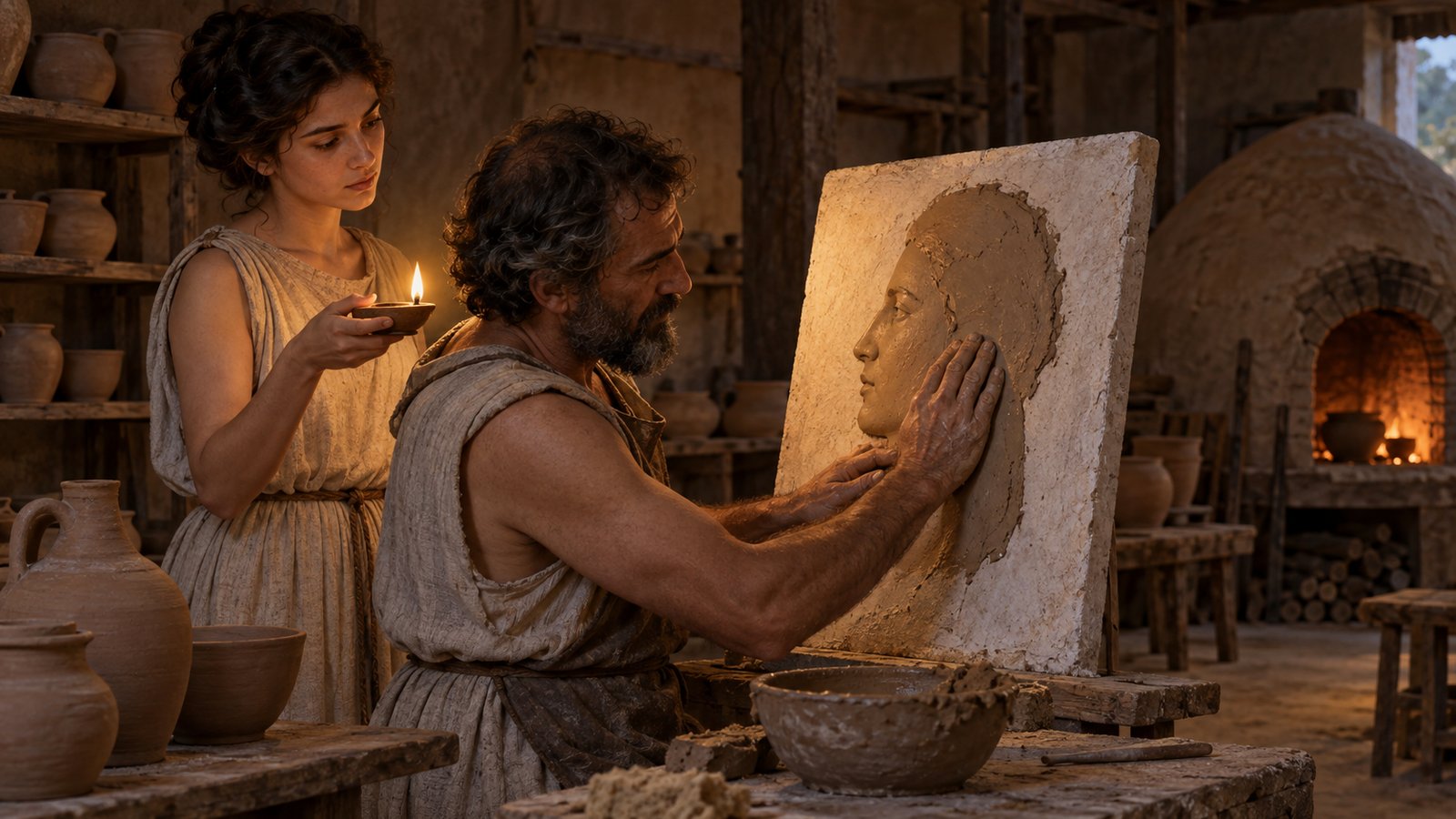 A wide 16:9 cinematic realistic oil painting of the same ancient Corinthian workshop, one small oil lamp casting a crisp human profile onto a plaster wall as a woman follows its edge with a simple stylus, amphorae, clay basin and potter’s wheel in shadow, no text, lettering, numerals, signatures or watermark.