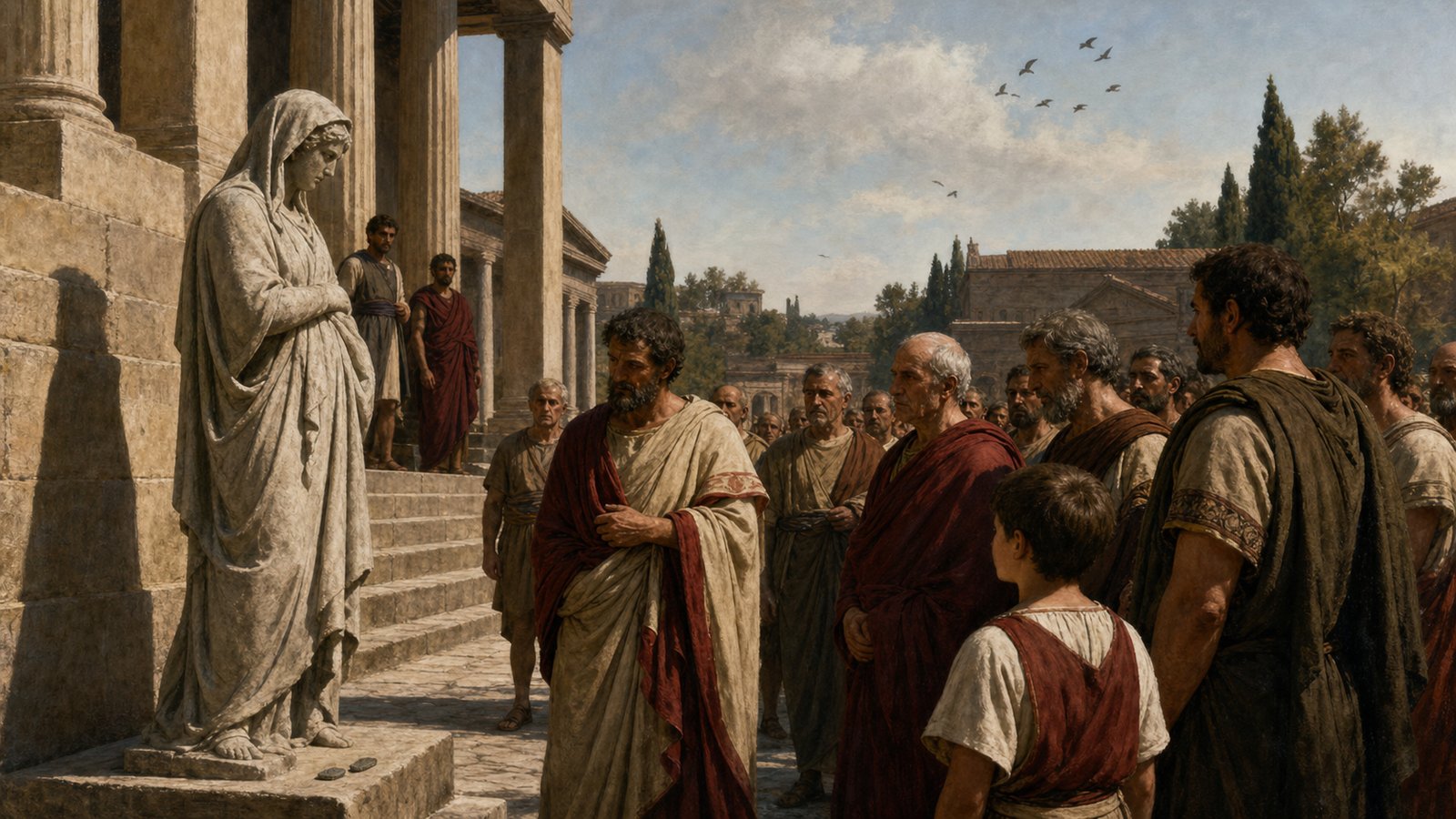 A wide 16:9 cinematic realistic oil-painting of an archaic Roman cavalry dispute before a Sabine war: King Tarquin gestures toward three compact groups of mounted warriors while the veiled augur Attus Navius studies birds in the open sky and raises a hand to halt the proposed change, early earthwork city and Anio landscape, historically plausible tack and clothing, no text, no letters, no standards with symbols, no logos, no watermark.