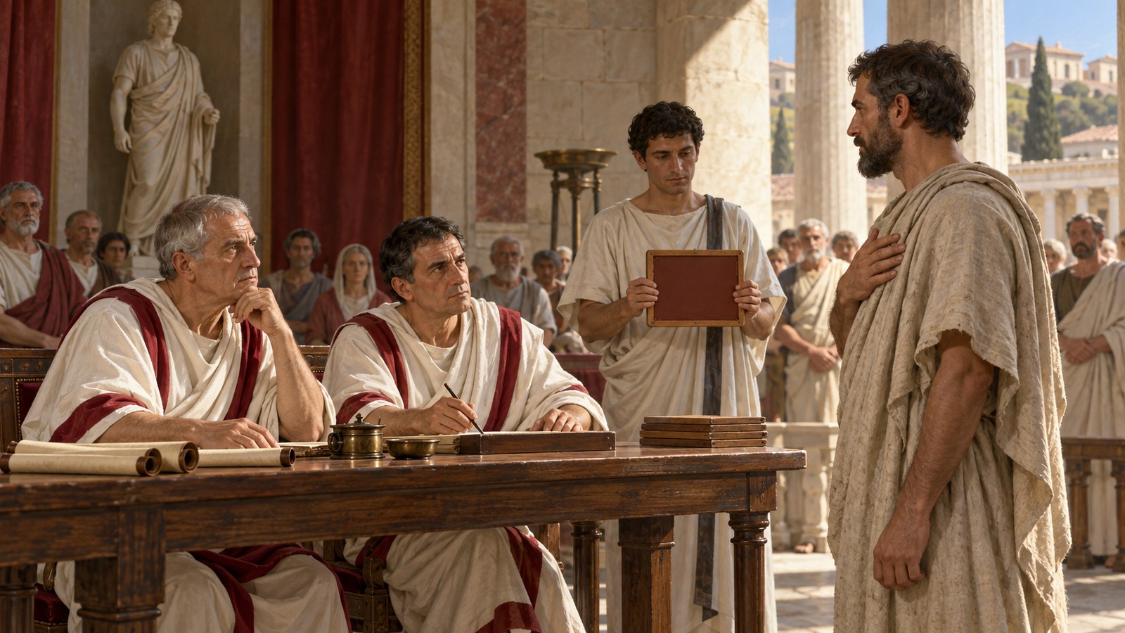 A vertical 4:5 cinematic realistic oil painting of a Roman citizen standing before two seated censors during a formal civic review, the man caught suppressing an involuntary yawn while attendants and wax tablets frame the tense moment, austere mid-Republican civic interior, historically plausible plain togas and furniture, no readable text, emblems, signatures or watermark.