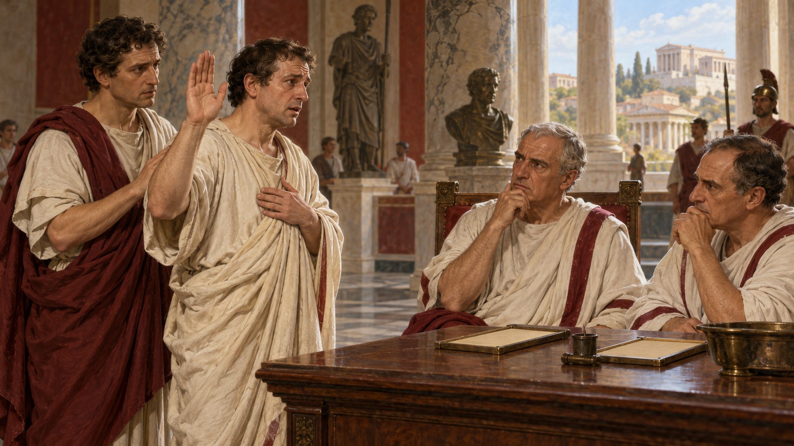 A wide 16:9 cinematic realistic oil painting of two Roman censors conducting a formal review at a long wooden table, one citizen answering an oath while a clerk holds a plain wax tablet, restrained expressions and attentive crowd, historically plausible Republican Rome, no readable text, emblems, signatures or watermark.