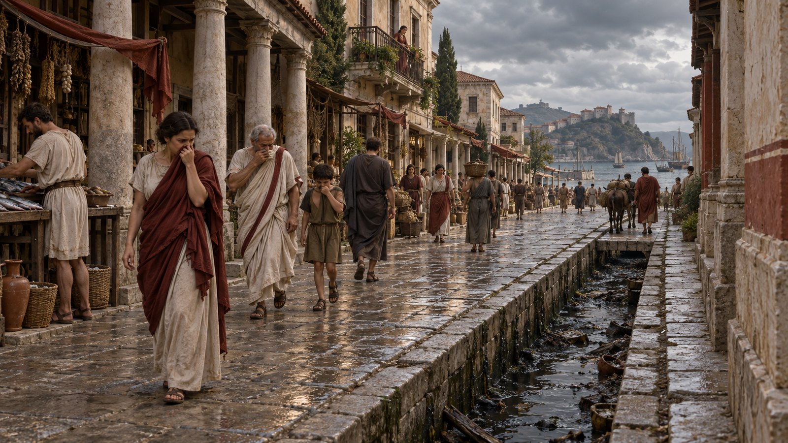 A vertical 4:5 cinematic realistic oil painting of an elegant Roman-era street in Amastris on the Black Sea, a long open foul drainage channel running beside the colonnade, a provincial official examining it while townspeople cover their noses and step away, damp stone and late-afternoon amber light, historically plausible, no text, lettering, numerals, signs, signatures or watermark.