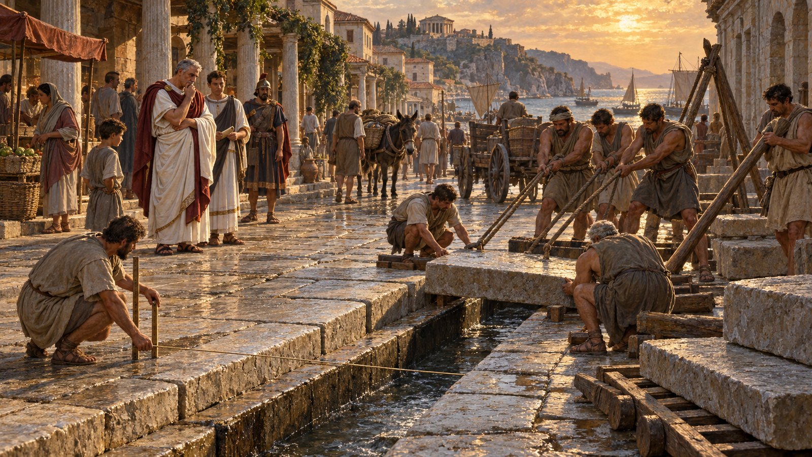 A wide 16:9 cinematic realistic oil painting looking down the full length of a handsome Roman provincial street at Amastris, with an uncovered polluted channel following one side from foreground to distance, citizens keeping to the opposite paving, sea-grey sky and wet stone, no text, lettering, numerals, signs, signatures or watermark.