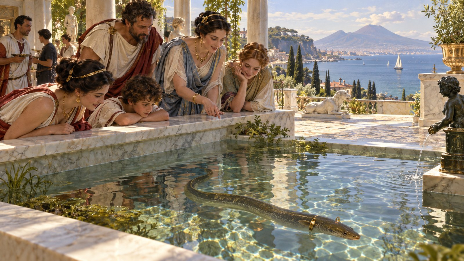 Pliny says Antonia decorated her favorite lamprey with earrings at a villa in Baculo near Baiae.