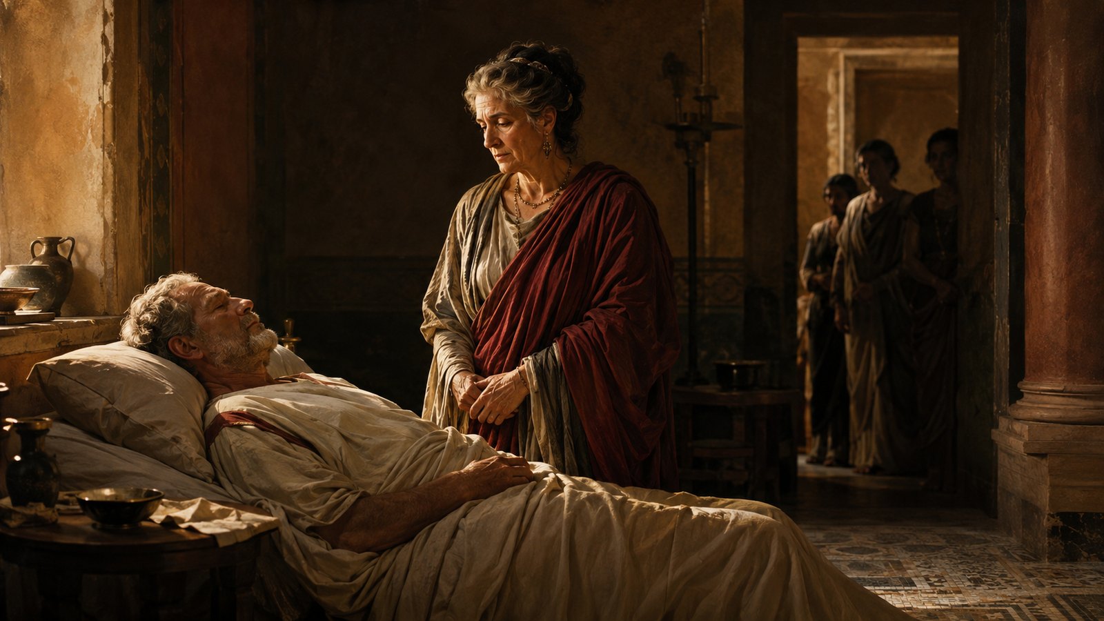 A vertical 4:5 cinematic realistic oil-painting of an older Roman matron pausing outside a dim sickroom, composing her face before entering while a small covered funeral lamp burns in a distant courtyard, restrained grief, historically plausible domestic interior, no readable text, letters, numerals, logos, signatures or watermark.