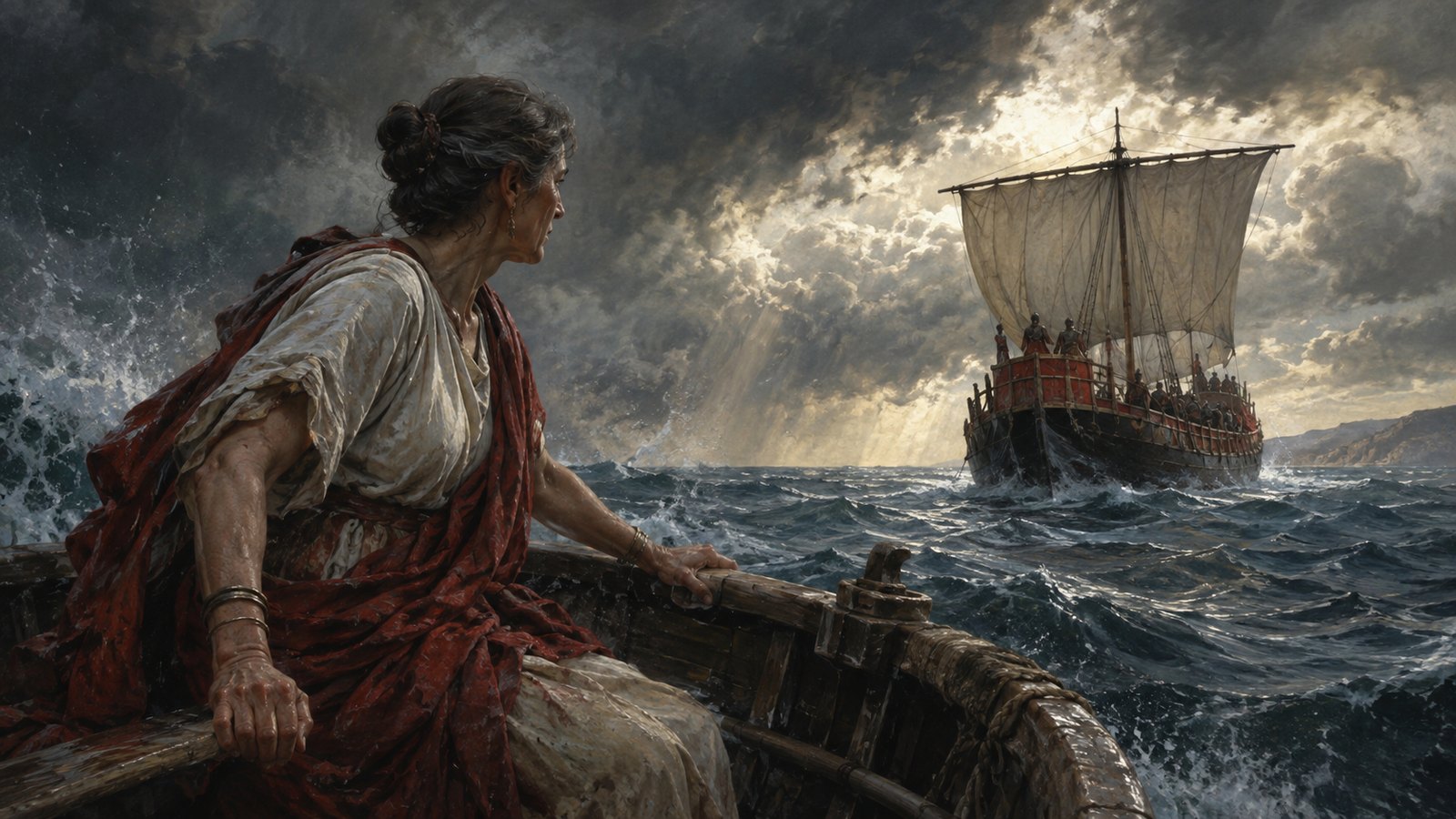 A wide 16:9 cinematic realistic oil-painting of Arria as a dignified Roman matron standing at her ill husband’s bedside with calm expression while attendants remain in shadow beyond the doorway, late afternoon light, no violence, no readable text, letters, numerals, logos, signatures or watermark.