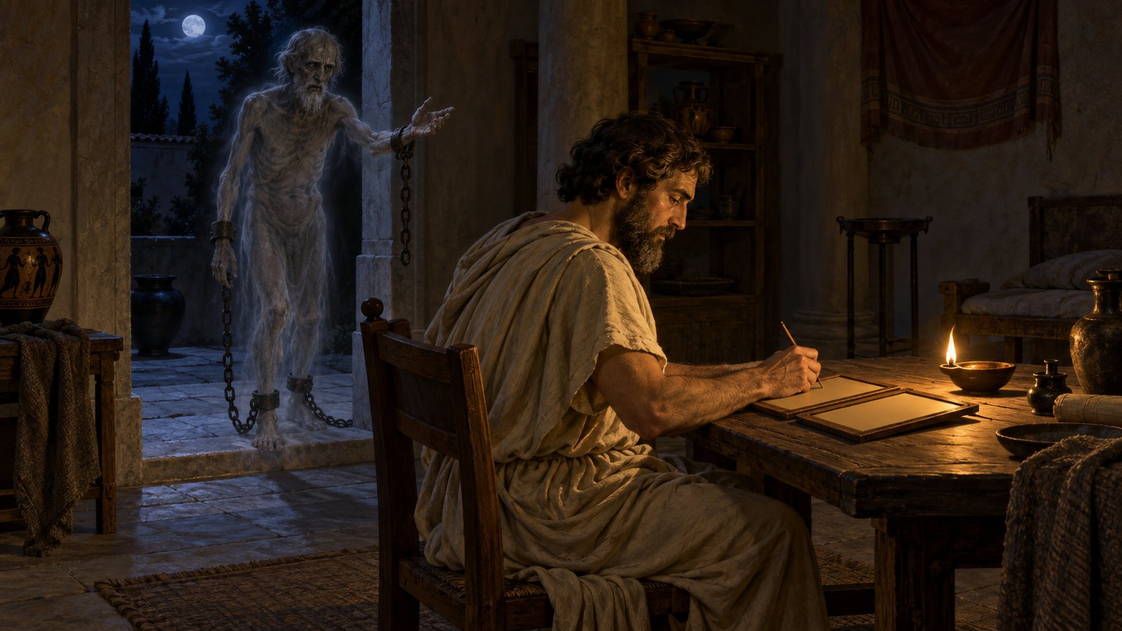 A vertical 4:5 cinematic realistic oil painting of the philosopher Athenodorus at night in an ancient Athenian house, calmly holding an oil lamp and following the translucent figure of an emaciated elderly man burdened with iron chains toward a moonlit courtyard, tense but investigative mood, historically plausible interior and clothing, no gore, no readable text, letters, numerals, symbols, signatures or watermark.