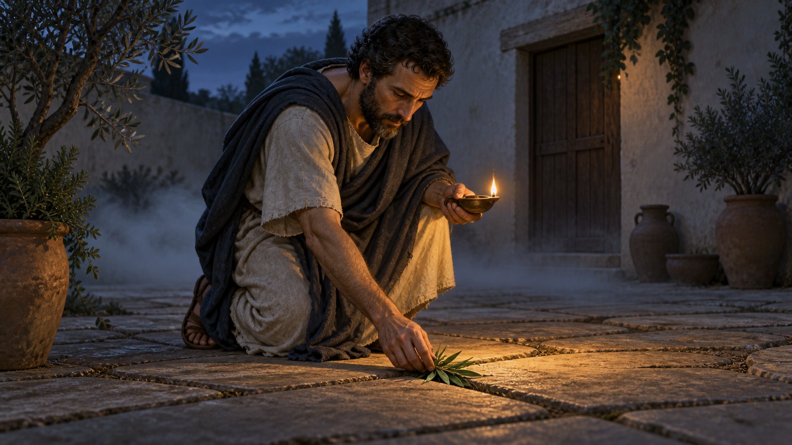A wide 16:9 cinematic realistic oil painting inside a spacious abandoned Athenian house at night, Athenodorus seated at a wooden table writing intently on blank wax tablets beside an oil lamp while the shadowy chained old man appears at the threshold behind him, iron links visible, disciplined calm against fear, no readable marks, text, letters, numerals, symbols, signatures or watermark.