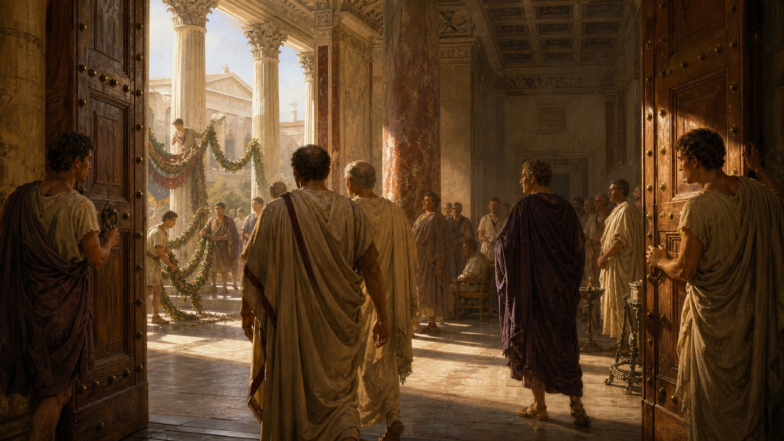 A vertical 4:5 cinematic realistic oil-painting of an Augustan Roman court in session late in the day, generic presiding magistrate on a low tribunal, jurors holding blank wax tablets, crowded but orderly forum basilica, no recognizable ruler likeness, no readable text, logos, signatures or watermark.