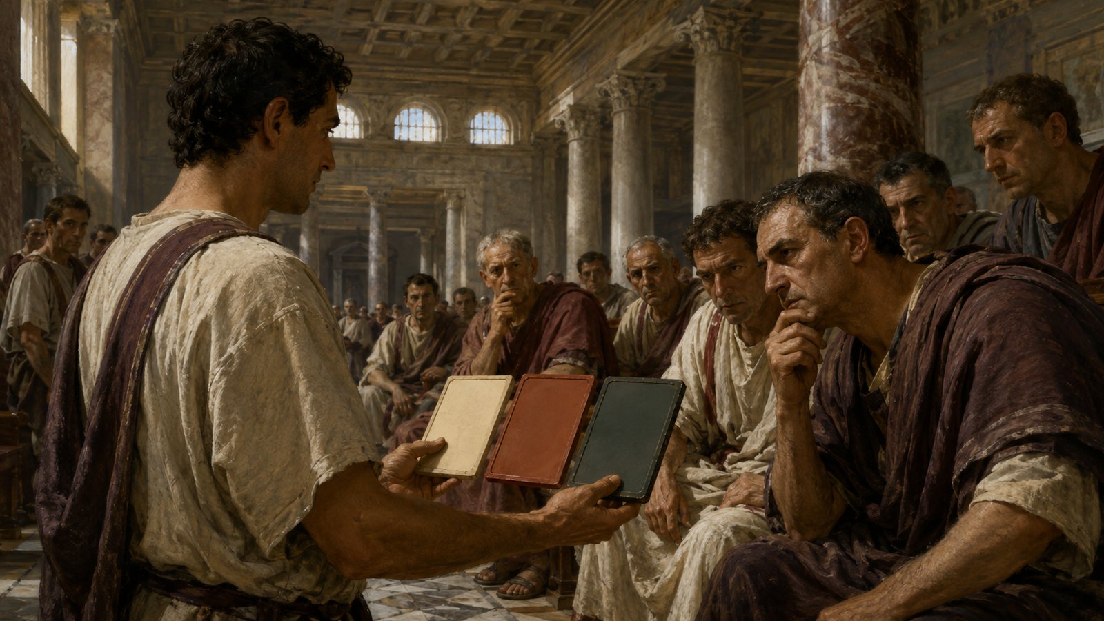 A wide 16:9 cinematic realistic oil-painting of Roman court clerks opening shuttered basilica doors while game decorations are carried away, litigants and jurors entering for an added court day, no readable text, letters, numerals, logos, signatures or watermark.