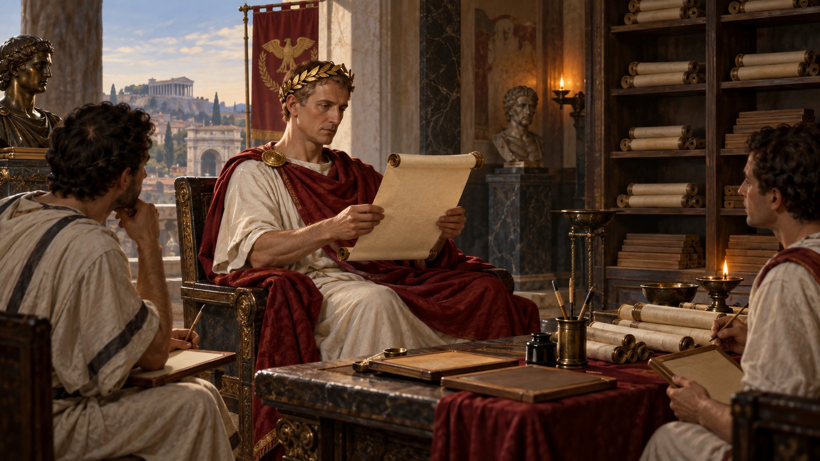 A vertical 4:5 cinematic realistic oil painting of Augustus alone in a lamplit Roman study, wiping lines from a wax-coated writing surface with a natural sponge while a discarded tragic actor mask of Ajax rests nearby, expression controlled rather than angry, no readable writing, text, letters, numerals, signatures or watermark.