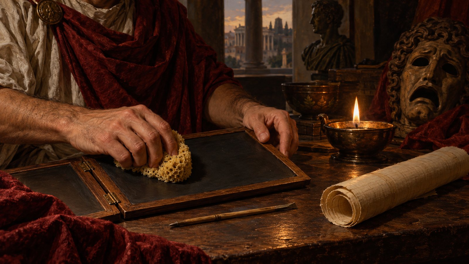 A wide 16:9 cinematic realistic oil painting of a Roman imperial writing room with Augustus reading a prepared speech from a scroll to two attentive secretaries, shelves of scrolls and wax tablets, emphasis on deliberate revision and clarity, no readable writing, text, letters, numerals, signatures or watermark.