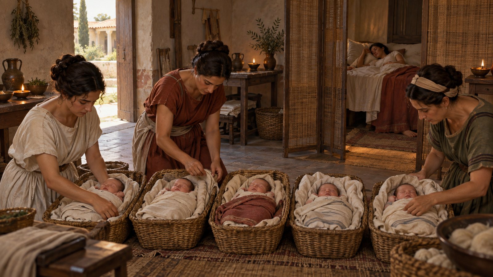 Gellius reports five infants born in one delivery near Laurentum and says they survived only a few days.