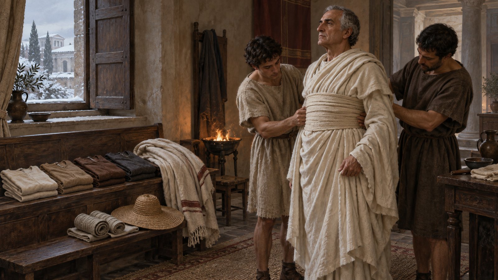 Suetonius describes four tunics, a heavy toga and woollen protection worn together against winter cold.