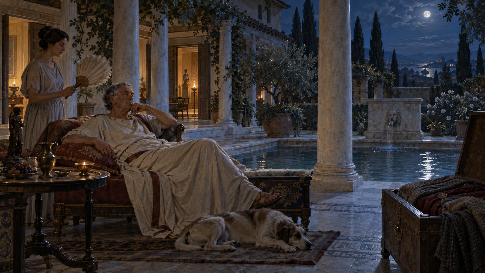 The same biography pairs winter layering with summer shade, open doors, fountains and an attendant’s fan.