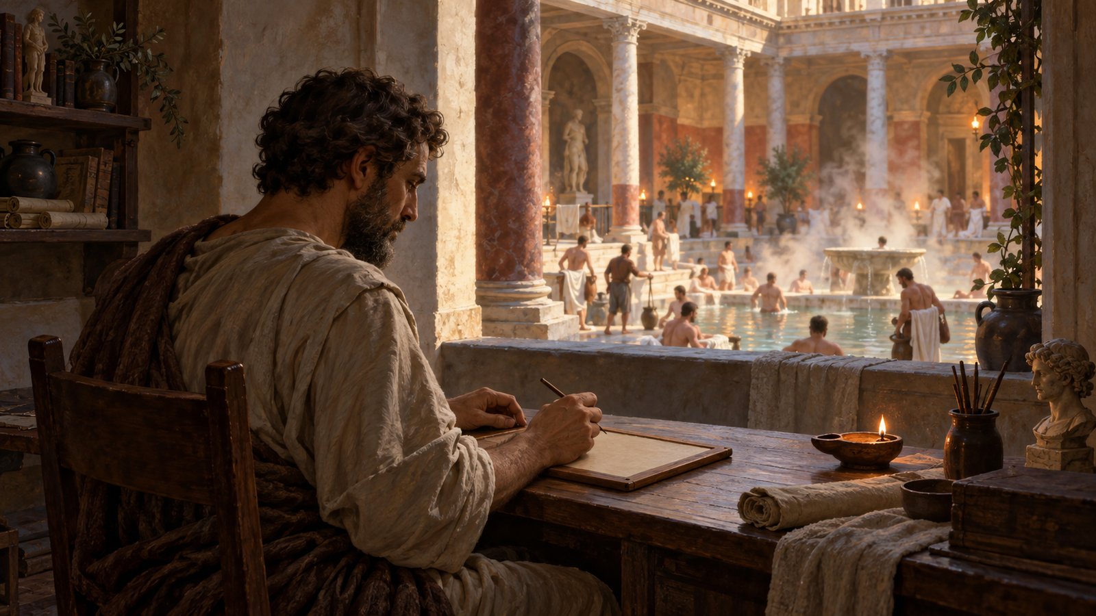 A wide 16:9 cinematic realistic oil painting of a lively Roman bathhouse soundscape seen across one vaulted room: an athlete lifting weights, a masseur at work, a ball player counting with raised fingers, swimmers splashing and vendors carrying simple trays, all generic figures in historically plausible setting, energetic but orderly, no readable signs, logos, signatures or watermark.