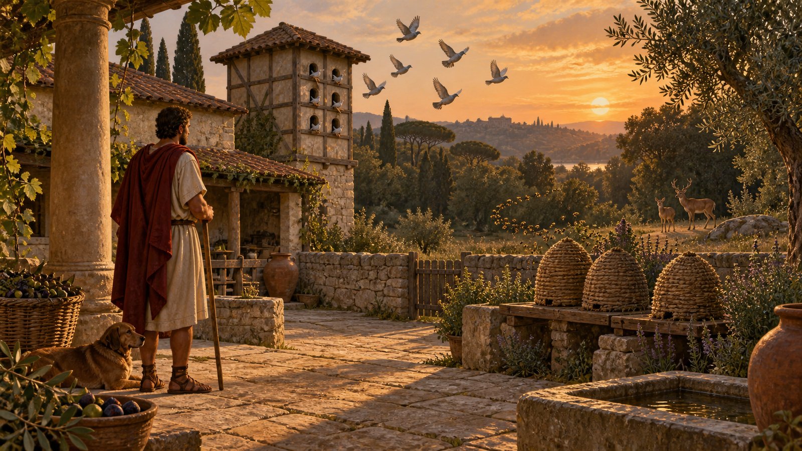 A vertical 4:5 cinematic realistic oil painting of a Roman beekeeper beside woven skeps and low wooden hive stands, watching a dense bee swarm arc away over an orchard while several bees return toward the hives, warm late-afternoon light, historically plausible rural clothing and tools, no text, lettering, numerals, signatures or watermark.