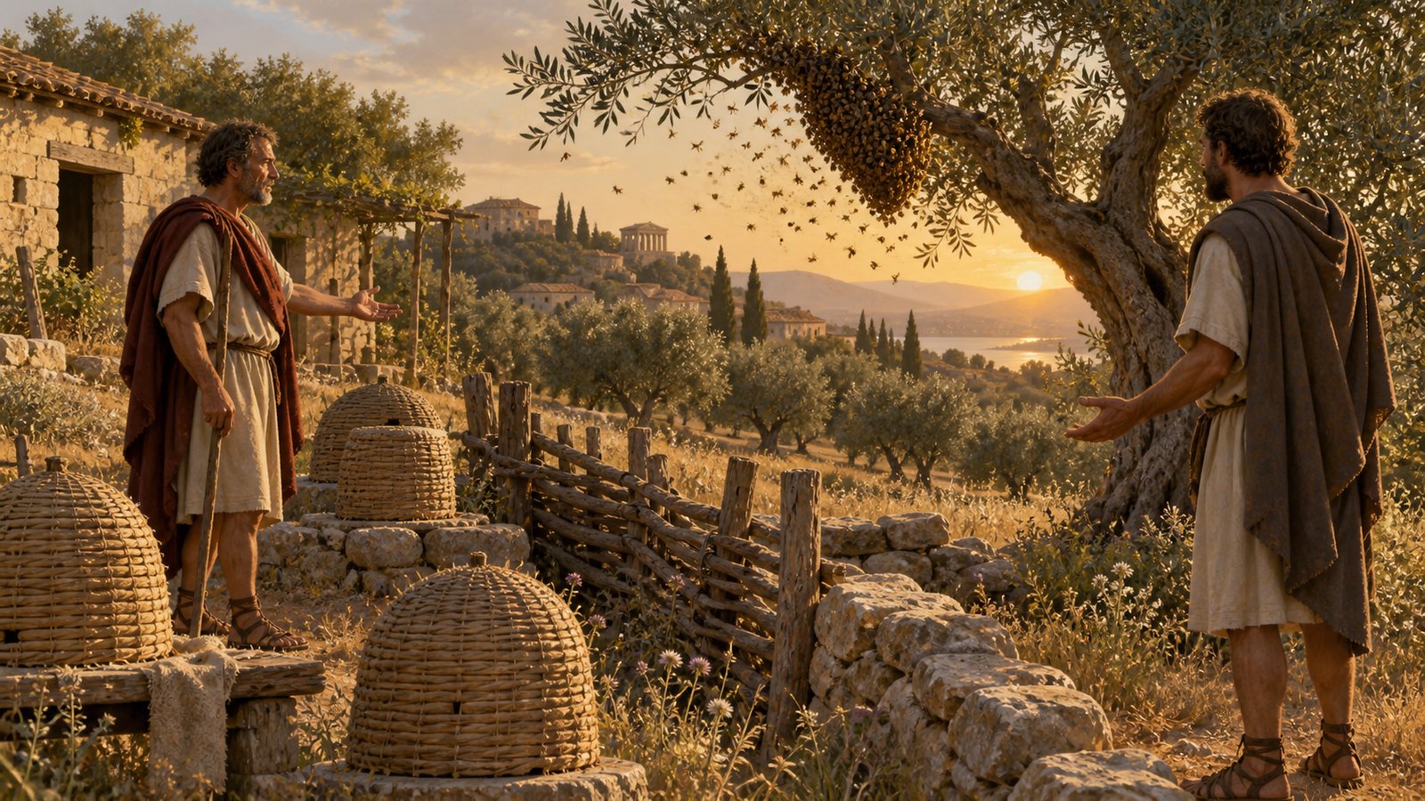 A wide 16:9 cinematic realistic oil painting of a Roman rural courtyard where pigeons wheel back to a dovecote, bees return to woven hives, and a small herd of accustomed deer emerges at the woodland edge, one landholder observing the repeated movement, legally evocative but naturalistic, no text, lettering, numerals, symbols, signatures or watermark.