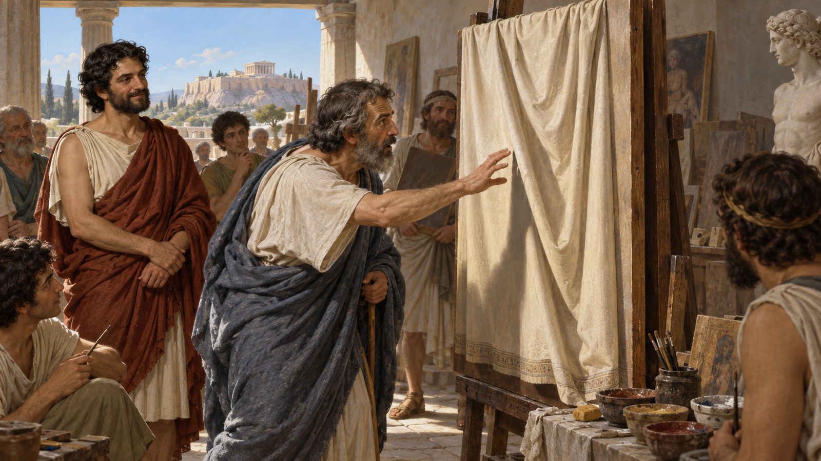 A vertical 4:5 cinematic realistic oil painting of the Greek painter Zeuxis in a classical workshop proudly presenting a framed panel of highly realistic grape clusters while several small birds swoop toward the painted fruit, rival painter Parrhasius observes quietly beside a draped easel, historically plausible fourth-century BCE clothing, pigments and wooden panels, no readable text, letters, numerals, signatures or watermark.