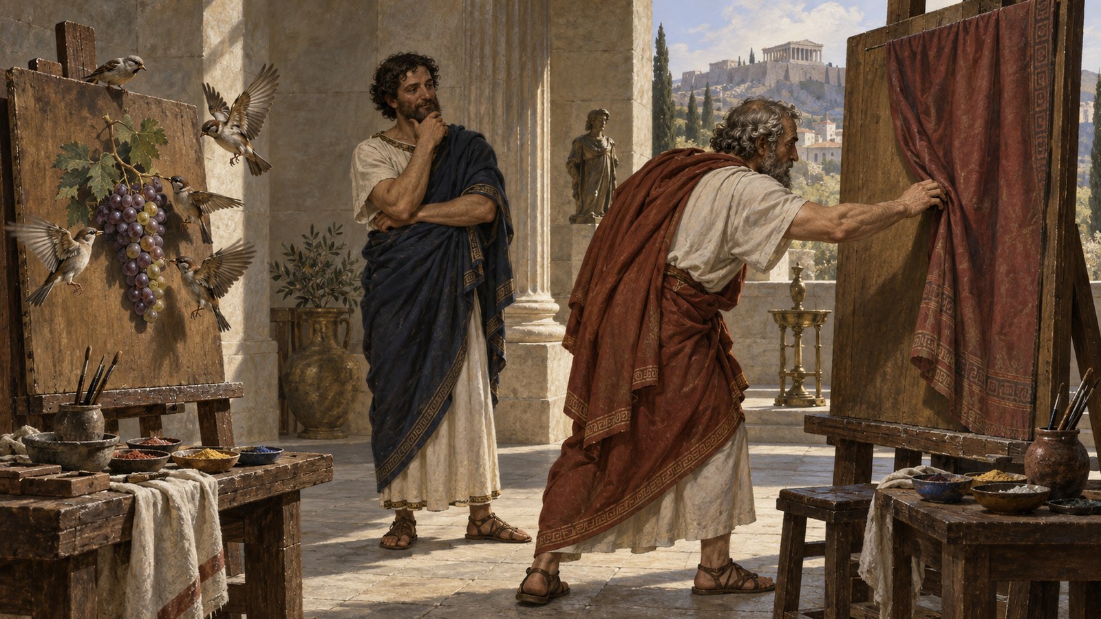 A wide 16:9 cinematic realistic oil painting of Zeuxis reaching to pull aside what he believes is a heavy curtain covering a rival painting, then realizing the curtain itself is painted on a wooden panel, Parrhasius watching with restrained satisfaction, Greek artists and workshop visitors around them, the illusion readable through gesture and composition, no readable text, letters, numerals, logos, signatures or watermark.