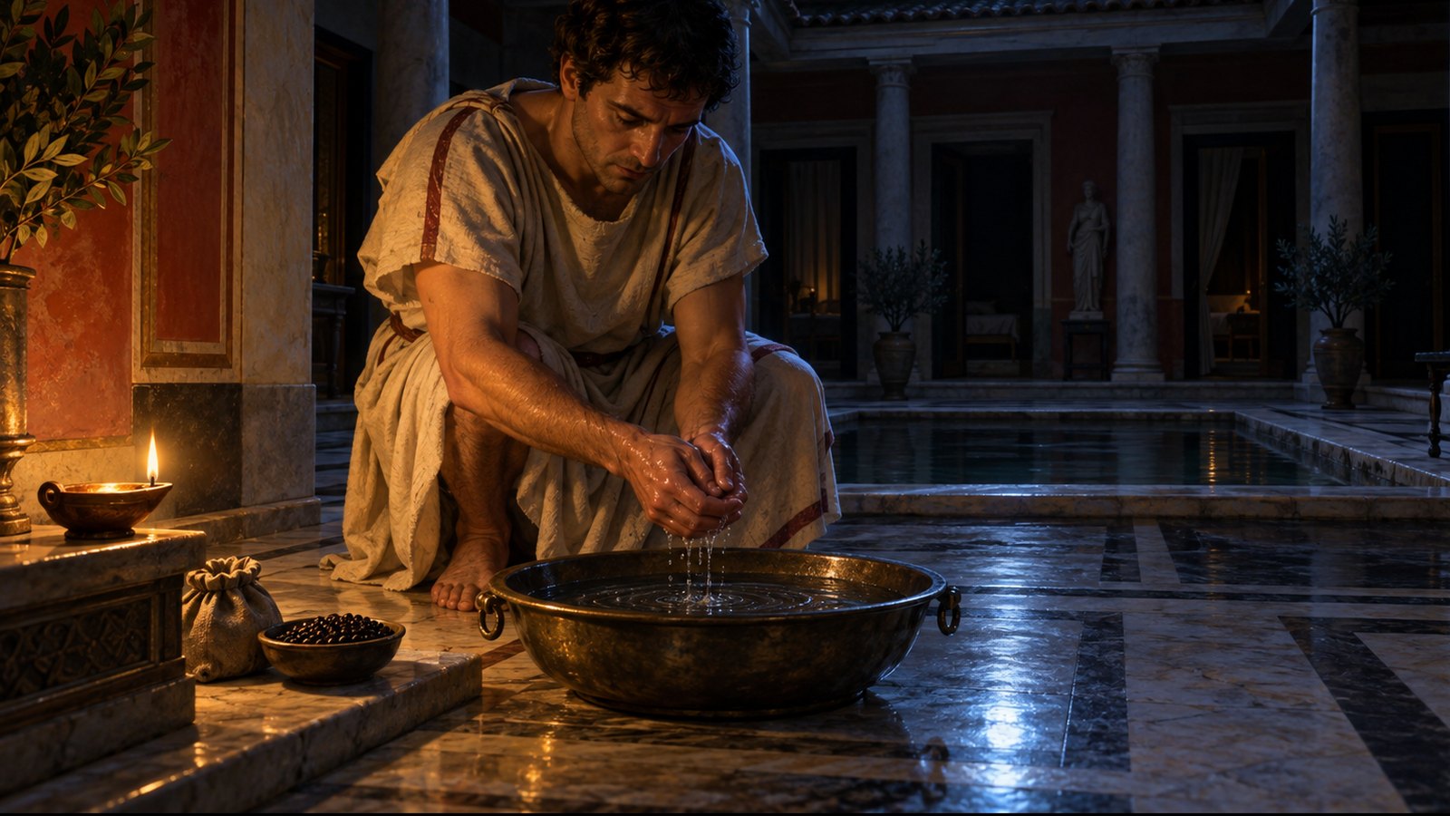 A vertical 4:5 cinematic realistic oil painting of a Roman householder performing the Lemuria at midnight in a dark first-century atrium, barefoot beside a small basin of spring water, turning his face away while casting black beans behind him across the tiled floor, plain bronze vessels ready to sound, moonlight and one oil lamp, tense unseen presence suggested only by shadow, historically plausible domestic setting, no text, lettering, numerals, symbols, signatures or watermark.