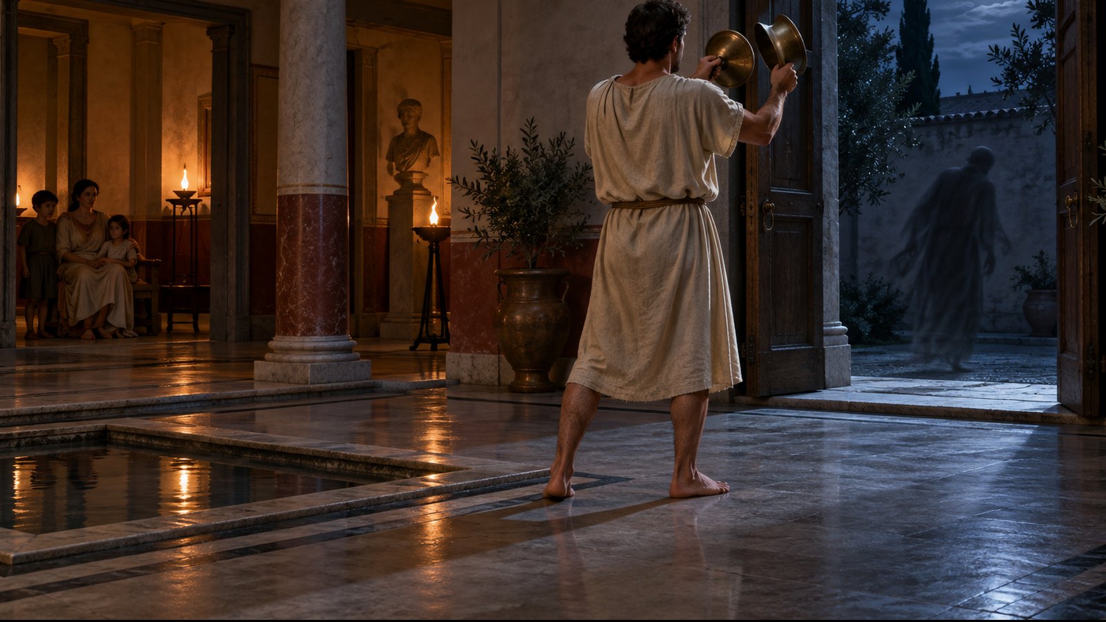 A wide 16:9 cinematic realistic oil painting inside a silent Roman atrium at midnight, close low view of a barefoot householder washing his hands in a shallow basin of clear spring water before the Lemuria rite, black beans held in one palm, sleeping household doorways in darkness, dogs and birds quiet, one warm oil lamp against cool moonlight, no visible ghost, no text, lettering, numerals, symbols, signatures or watermark.