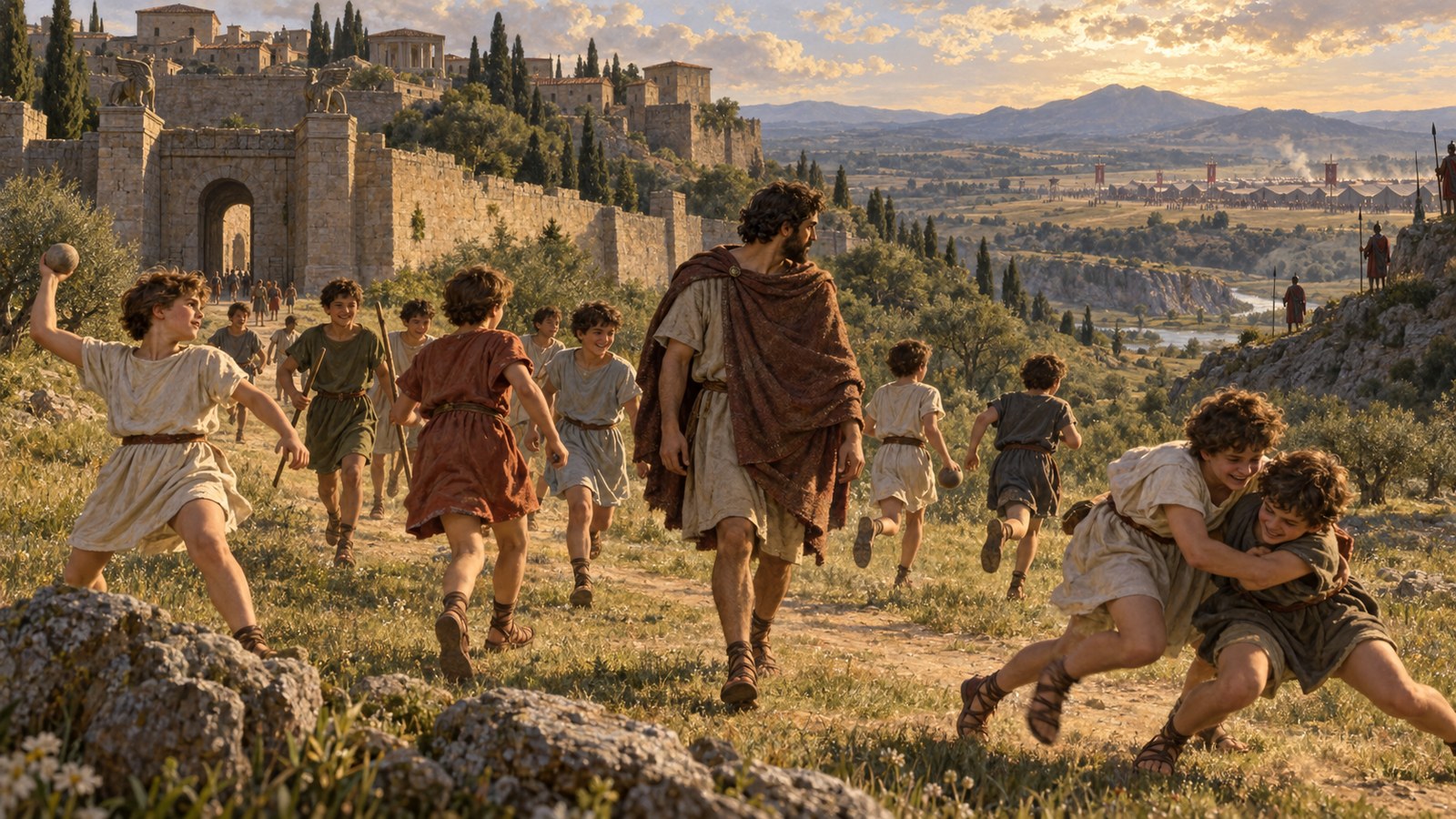 Livy says the teacher preserved a peacetime habit of taking the boys outside, then lengthened the walks until he could cross the Roman lines.