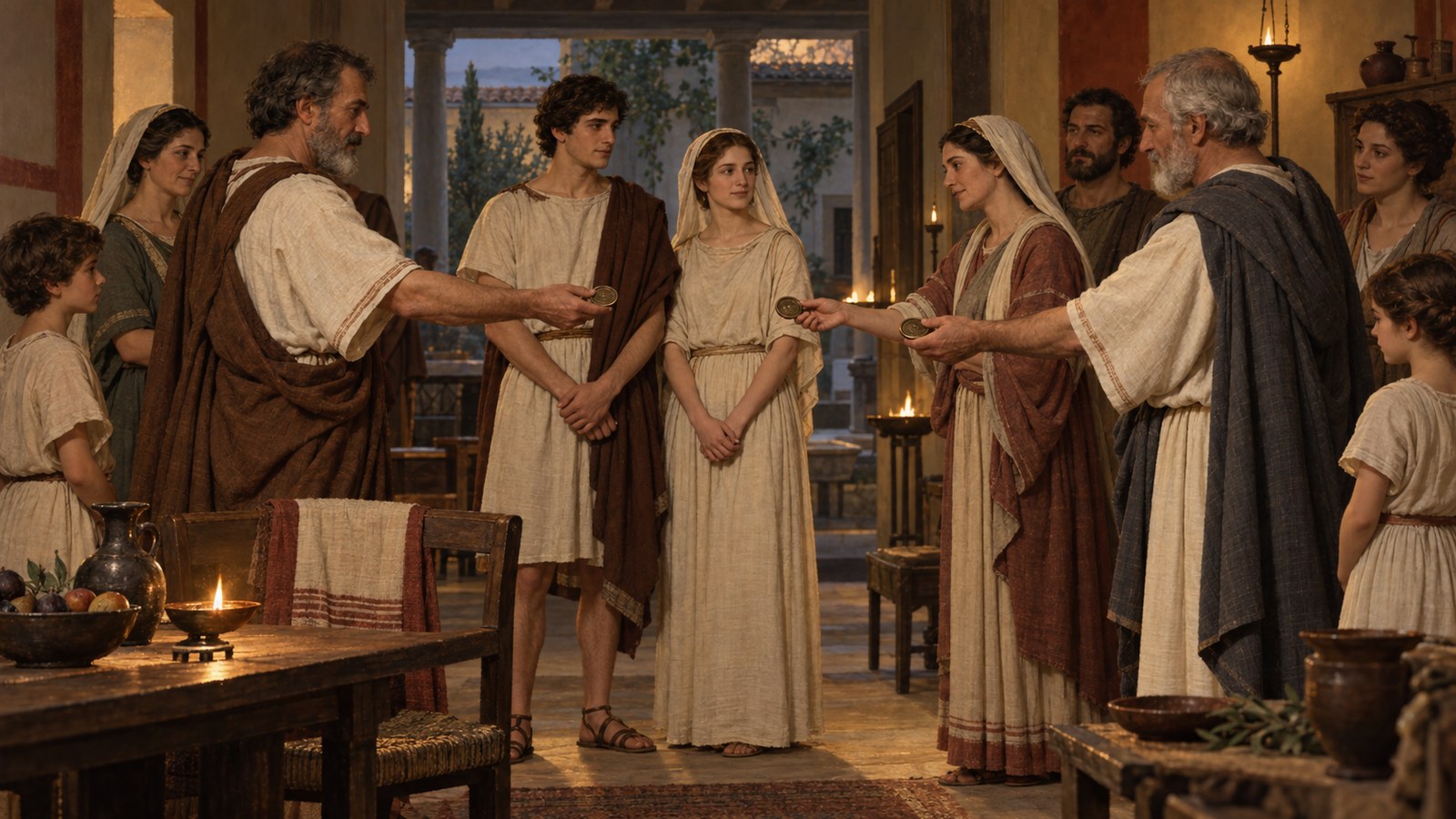 Servius Sulpicius described betrothal as exchanged formal promises: one side pledged to give the woman in marriage and the other to receive her.