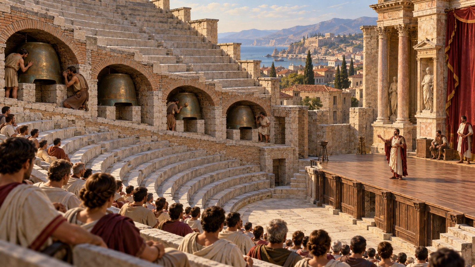 Vitruvius isolated each vessel from the wall and aimed an opening from its niche toward the audience row below.
