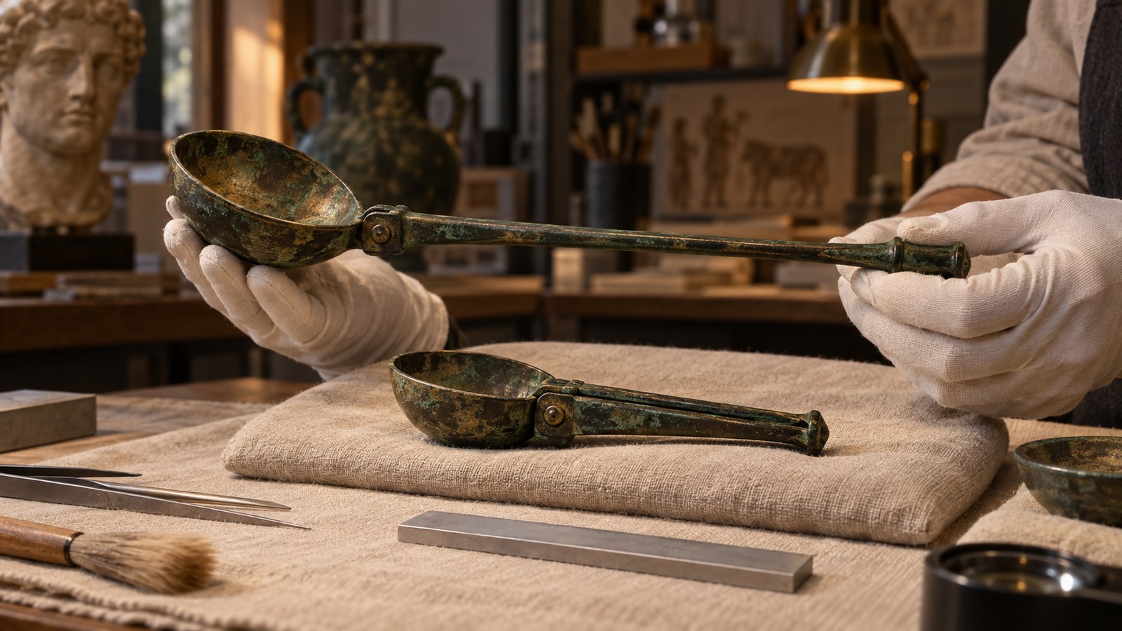 The museum records one bronze object at 46.8 centimetres unfolded and 26.1 centimetres folded.