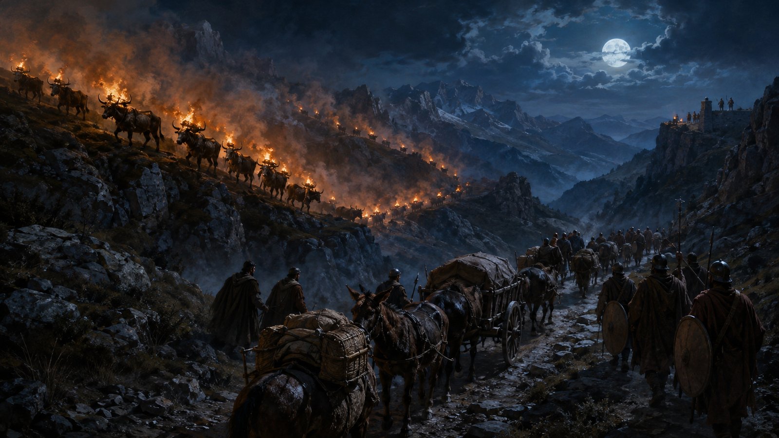 A vertical 4:5 cinematic realistic oil-painting of a Carthaginian night escape in rugged Italian mountains: generic ancient soldiers release sturdy oxen carrying small controlled bundles of burning brushwood secured above their horns, scattered moving lights climb dark slopes while a supply column slips through a lower pass, no gore, no text, letters, numerals, logos or watermark.