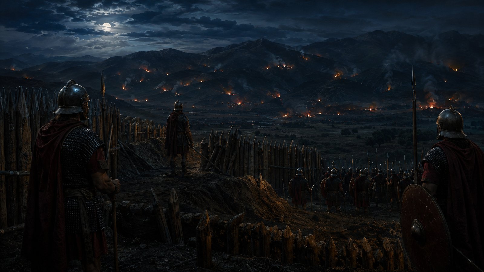 A wide 16:9 historically plausible night panorama of mountain deception: dozens of oxen with modest burning brush bundles above their horns move across several ridges, confusing distant Roman sentries, while Hannibal’s generic column and baggage follow a shadowed road in the opposite direction, no text, standards, logos or watermark.