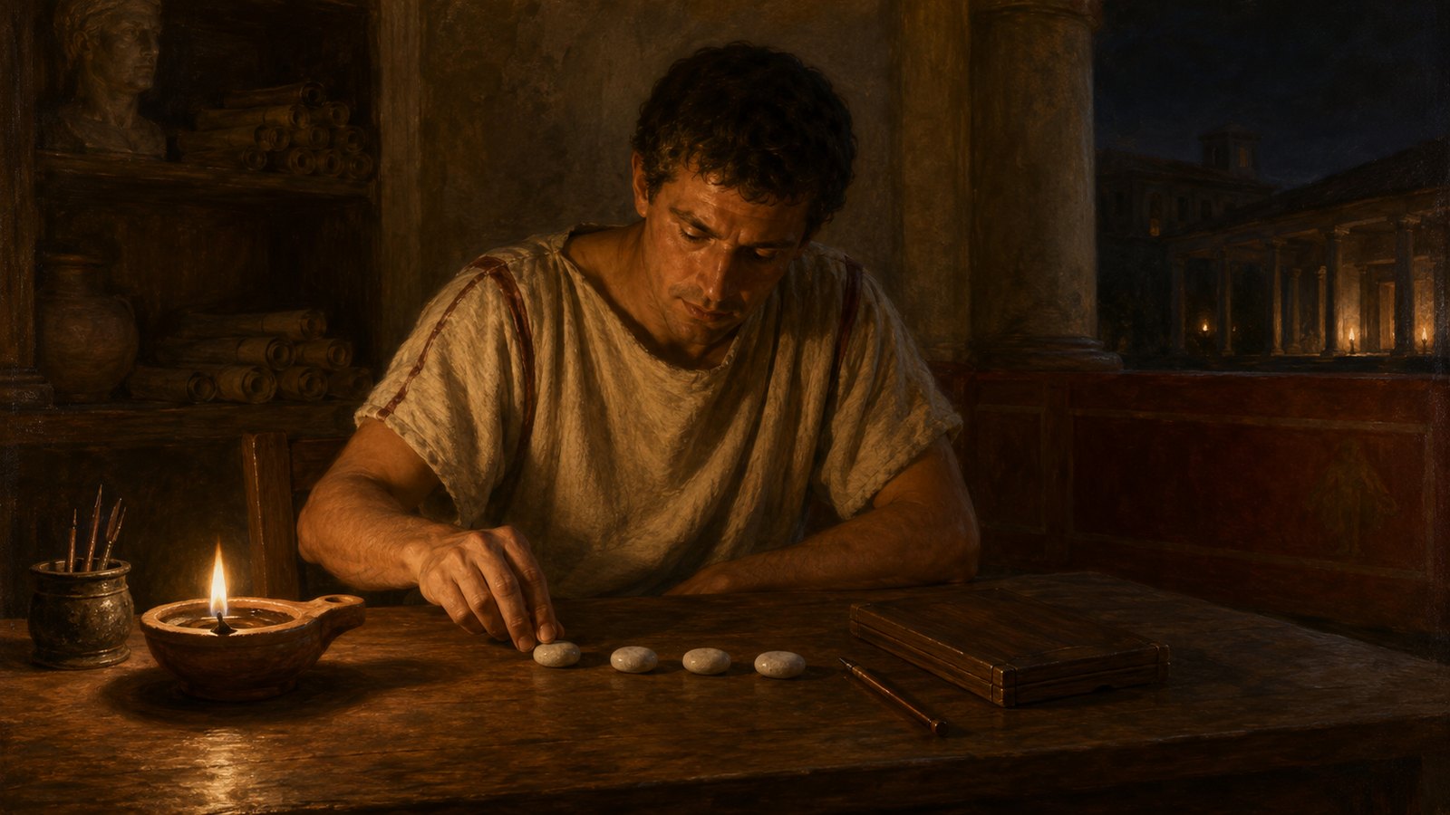 A vertical 4:5 cinematic realistic oil-painting of Julius Caesar as a generic non-identifiable Roman statesman dictating a private letter at night, secretary holding a blank wax tablet and stylus, four small plain counting pebbles beside alphabet practice marks that are fully blurred and unreadable, deep red cloak, no readable text, letters, numerals, logos, signatures or watermark.