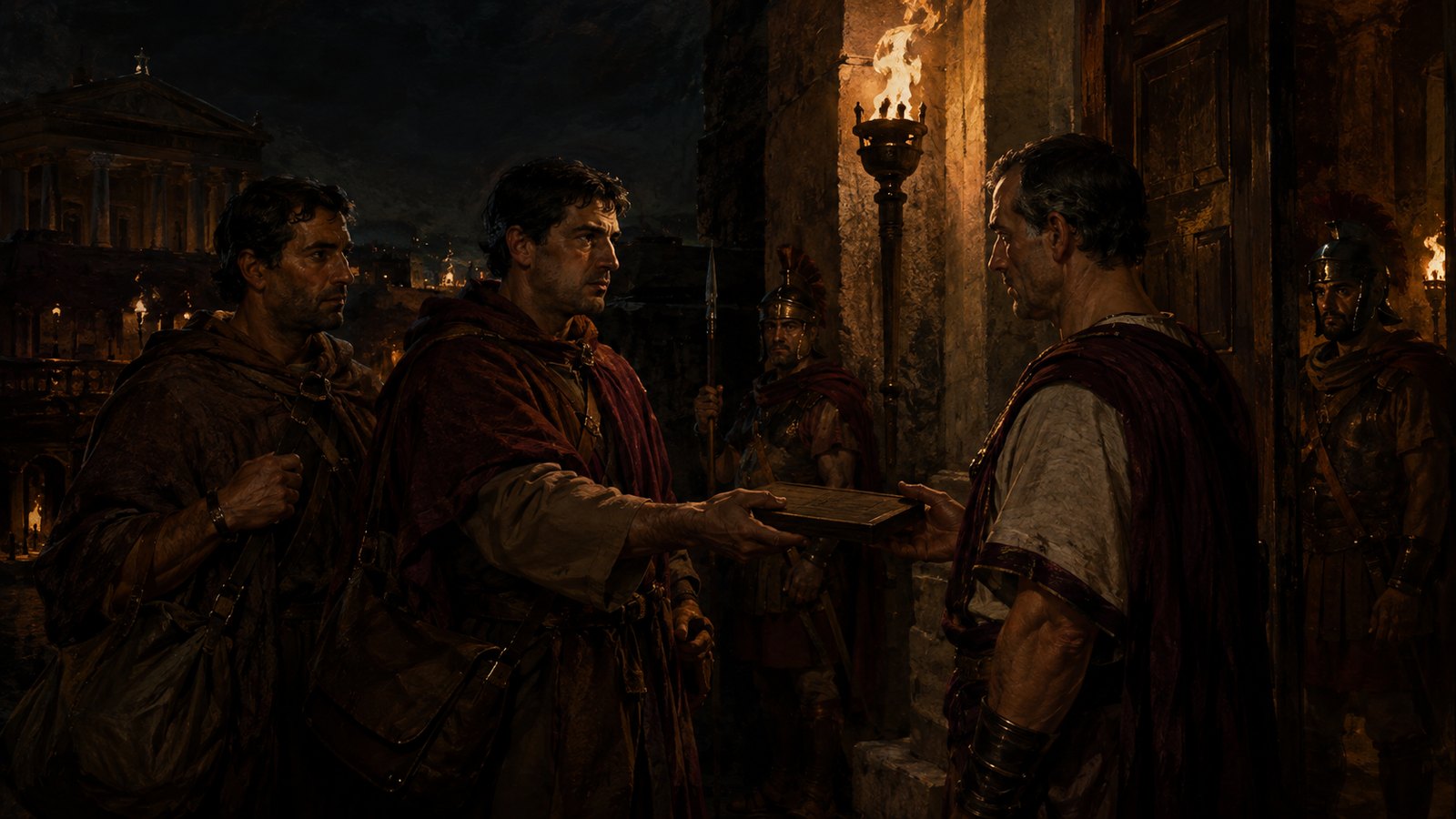 A wide 16:9 cinematic realistic oil-painting of a Roman secretary encoding a private dispatch, finger moving four positions across a row of plain unlabeled wooden markers while a blank wax tablet waits beside him, lamplight, papyrus rolls and seal ring, no readable text, lettering, numerals, logos, signatures or watermark.
