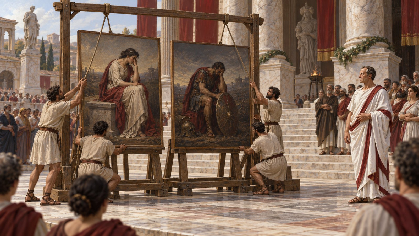A vertical 4:5 cinematic realistic oil painting of two monumental Greek panel paintings, Medea brooding and Ajax in tragic resolve, being unveiled by Roman attendants before the gleaming Temple of Venus Genetrix while Julius Caesar watches from the side, late Republican Forum architecture, crowded civic forecourt, no readable writing, text, letters, numerals, signatures or watermark.