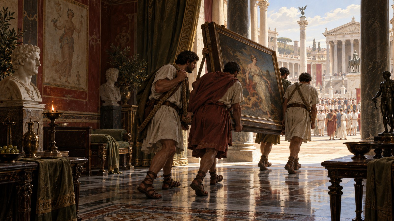 A wide 16:9 cinematic realistic oil painting of a bustling late Republican Roman forum forecourt as attendants carefully raise two framed panel paintings before the Temple of Venus Genetrix, senators, traders, veterans and families gathering to look, Caesar visible in profile but not a photorealistic modern likeness, deep red, marble cream and bronze palette, no readable writing, text, letters, numerals, signatures or watermark.