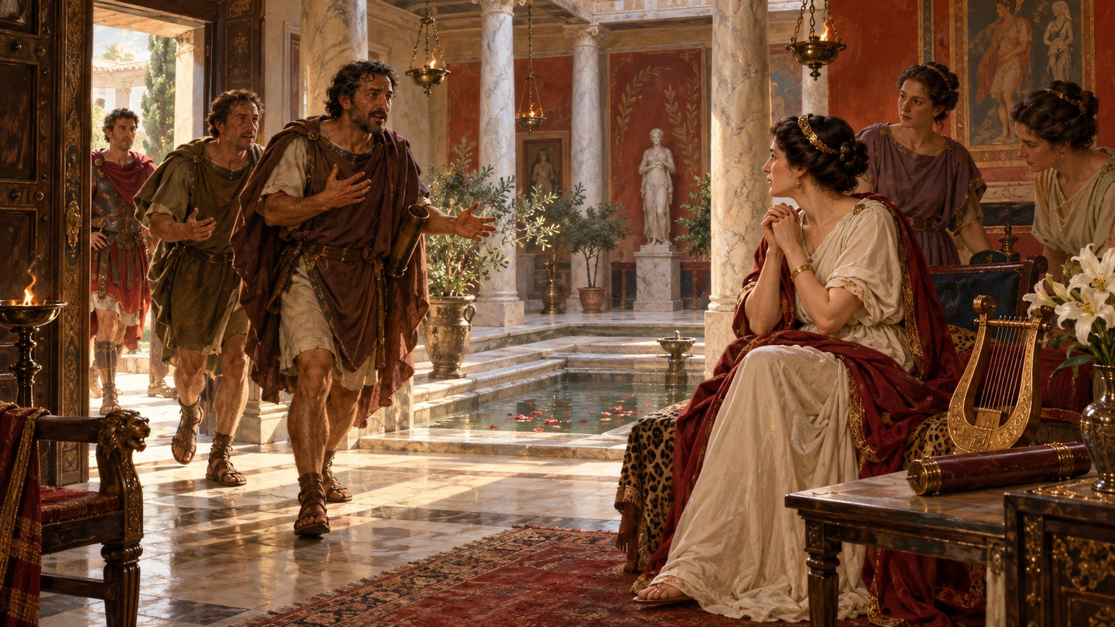 A vertical 4:5 cinematic realistic oil painting in an elite Roman house during a literary recitation, Calpurnia listens intently from behind a partly drawn plain curtain while a seated male author addresses guests in the adjacent room, emotionally subtle, wax tablets turned blank, no readable text, letters, numerals, logos, signatures or watermark.