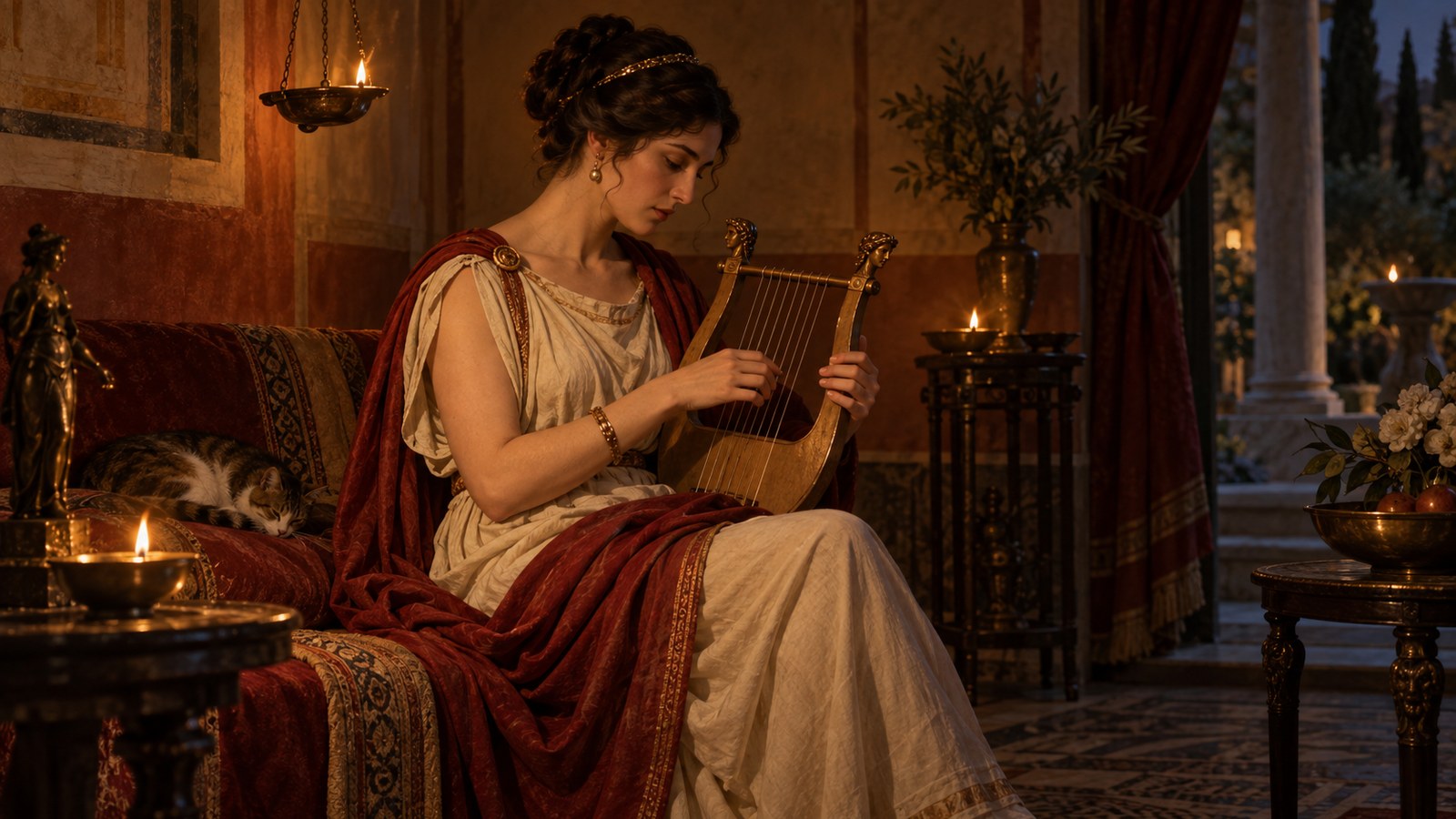 A wide 16:9 cinematic realistic oil painting of messengers entering a Roman atrium to report the reception of a courtroom speech to Calpurnia, she waits beside a small lyre and closed scroll case, vivid gestures of suspense and relief, historically plausible early imperial dress, no readable text, letters, numerals, logos, signatures or watermark.